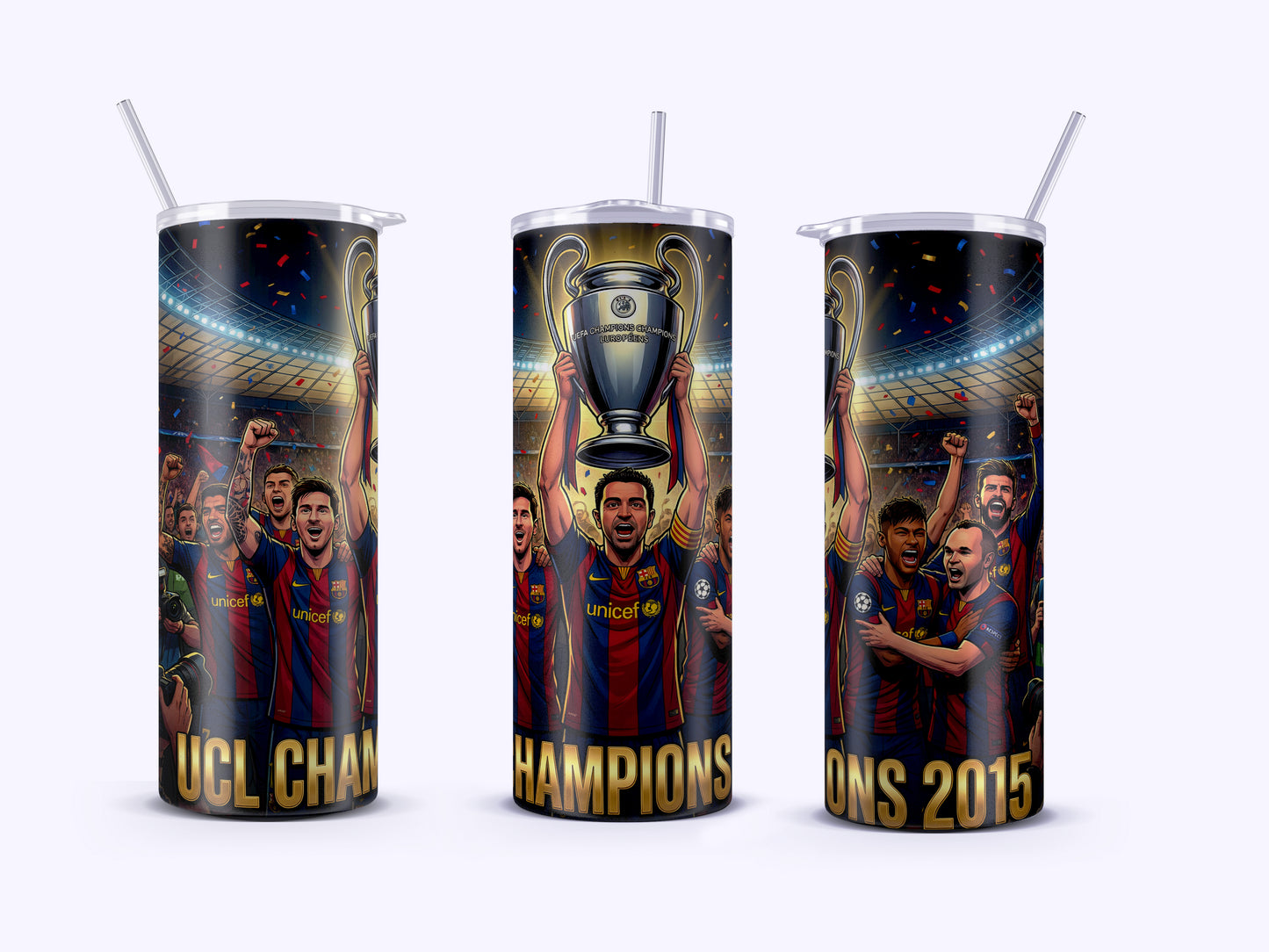 Three tumblers with sports team-themed designs featuring athletes and trophies on a white background.