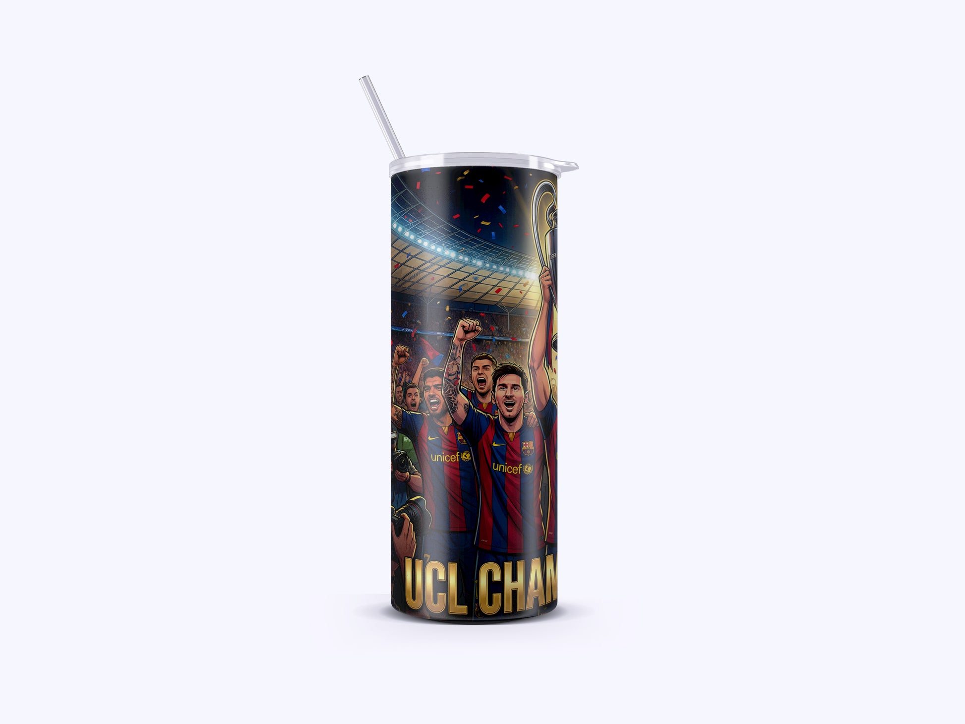 Tumbler with sports-themed design featuring a stadium and athletes, with 'UCL CHAMP' text.