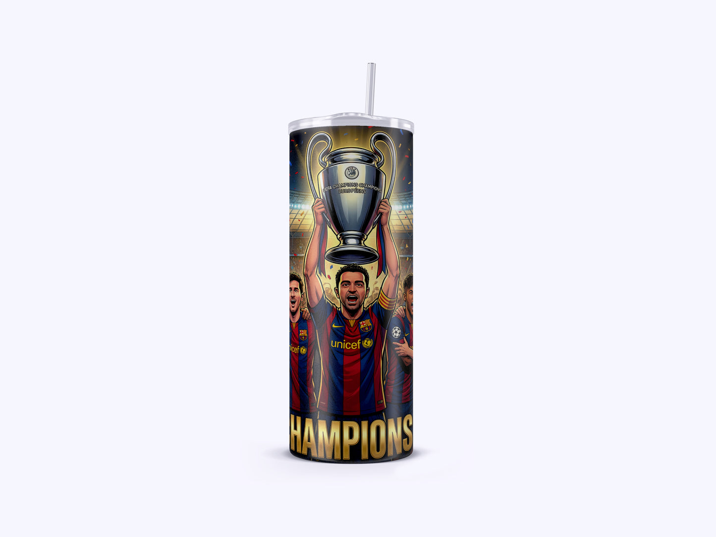 Tumbler with sports team design featuring a trophy and 'Champions' text on a white background