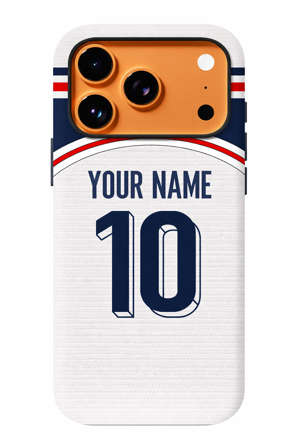Phone case with customizable name and number on a white background
