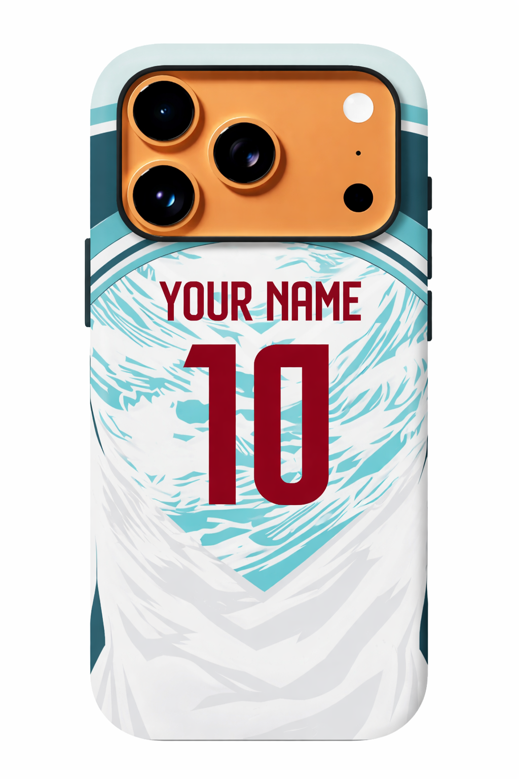 Phone case with customizable name and number on a white background
