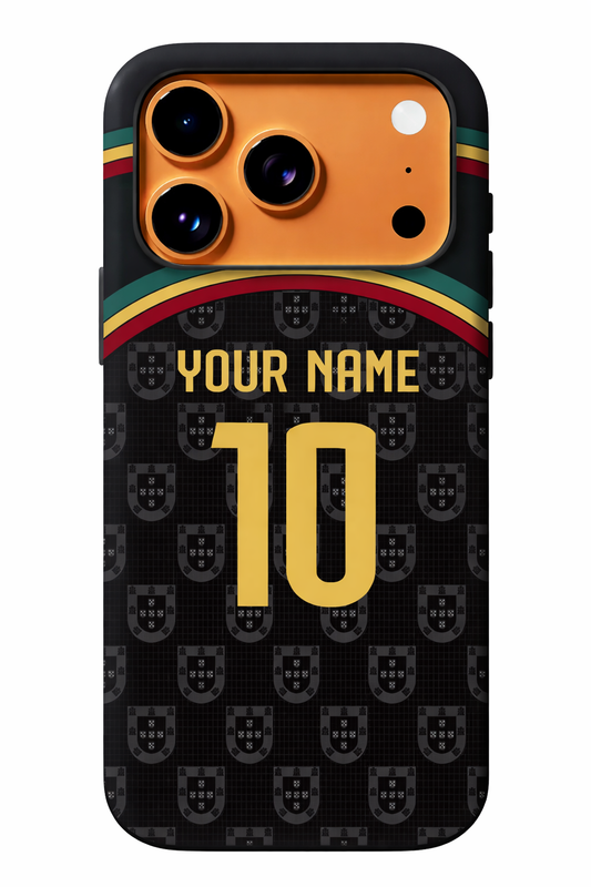 Phone case with customizable text on a black background