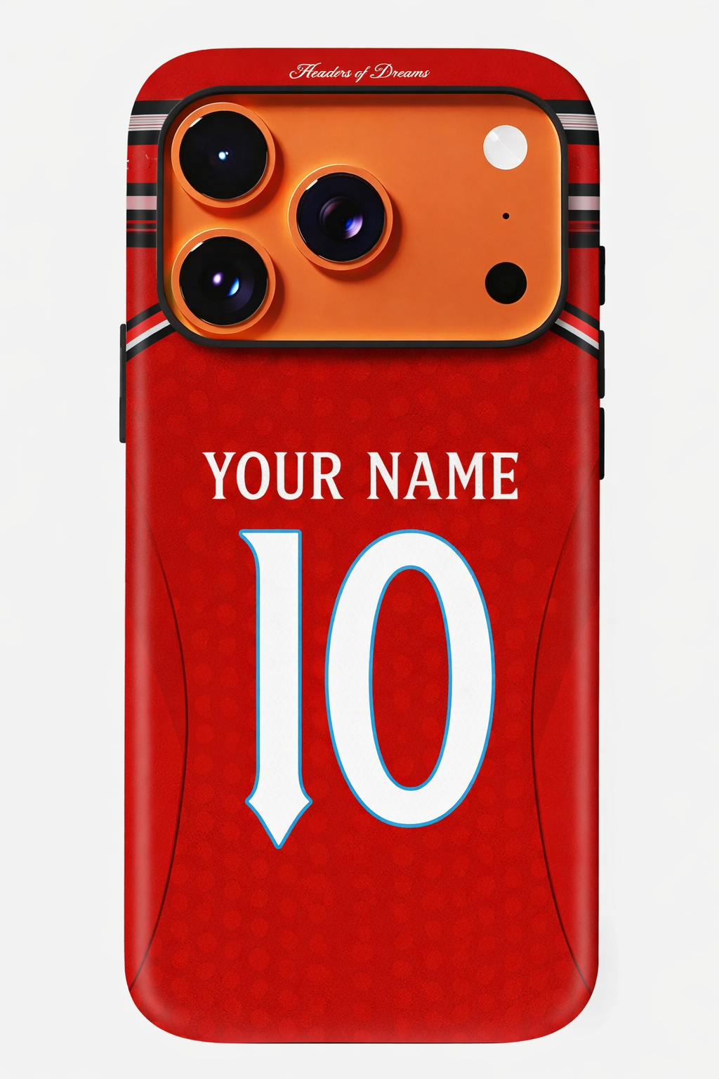 Red phone case with customizable text on a white background