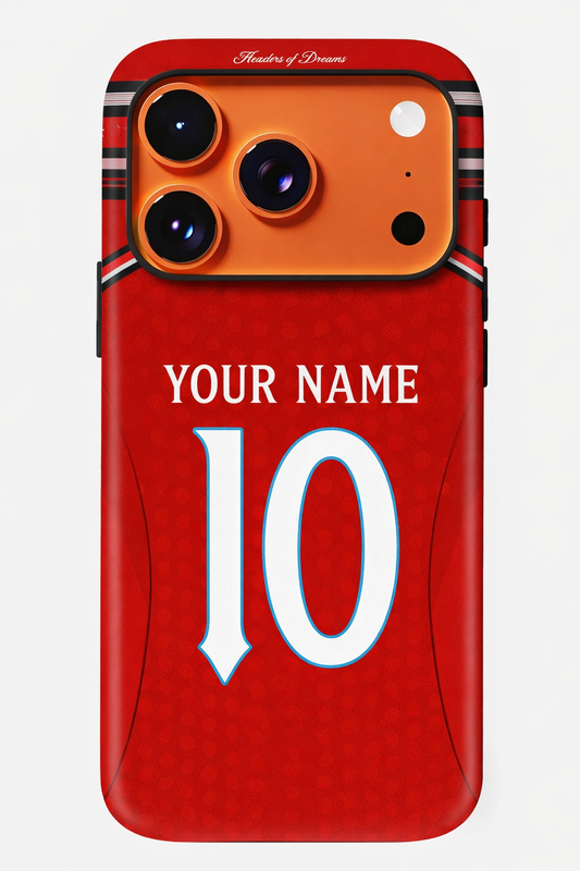 Red phone case with customizable text on a white background