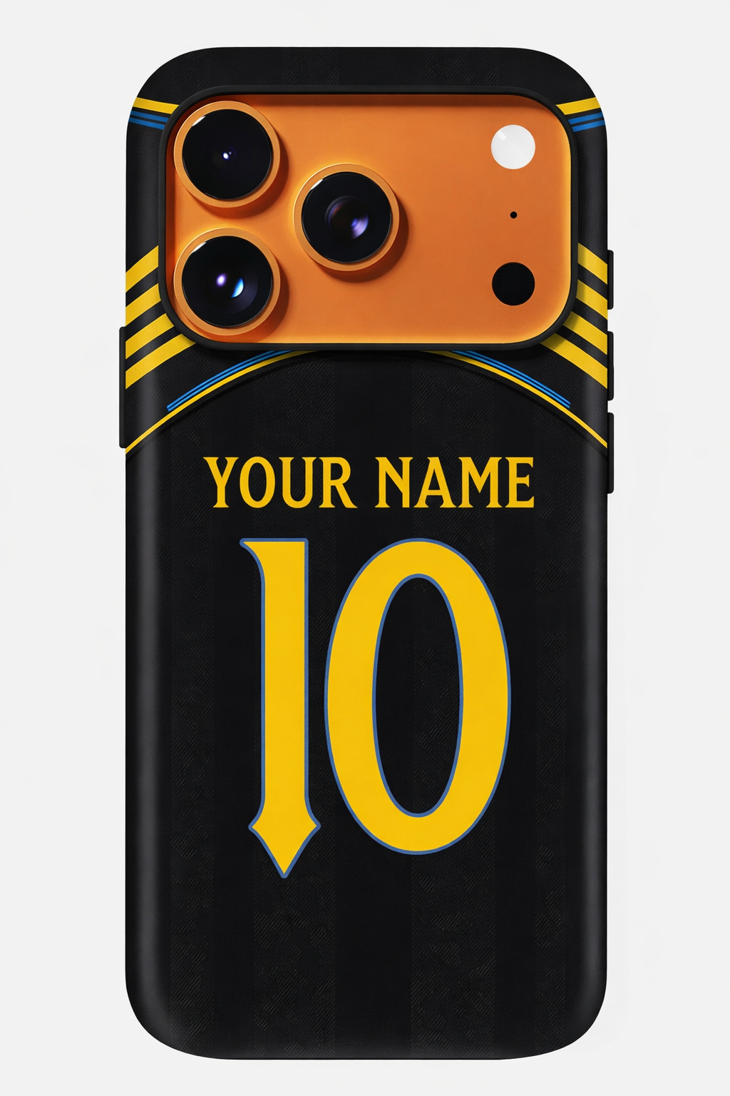 Phone case with customizable text on a black background