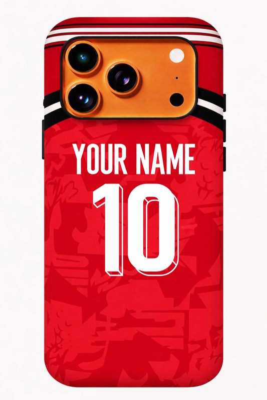 Phone case with red sports jersey design, customizable text, and camera cutout.