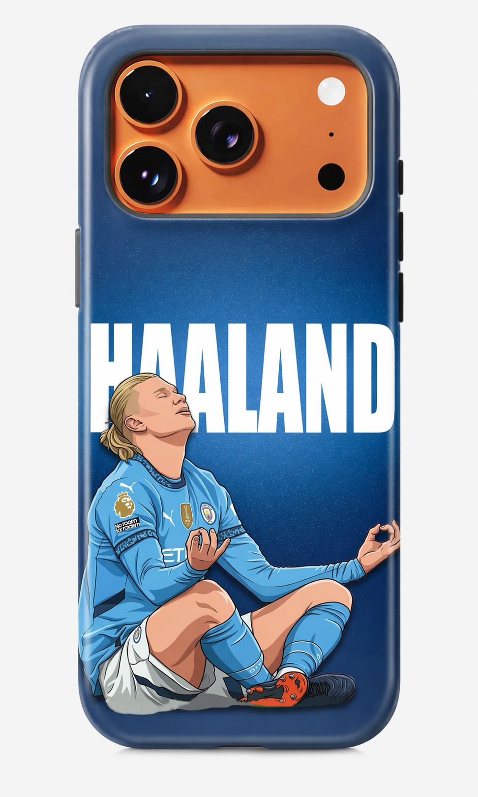 Phone case with a soccer player in a blue jersey and 'Haland' text on a blue background