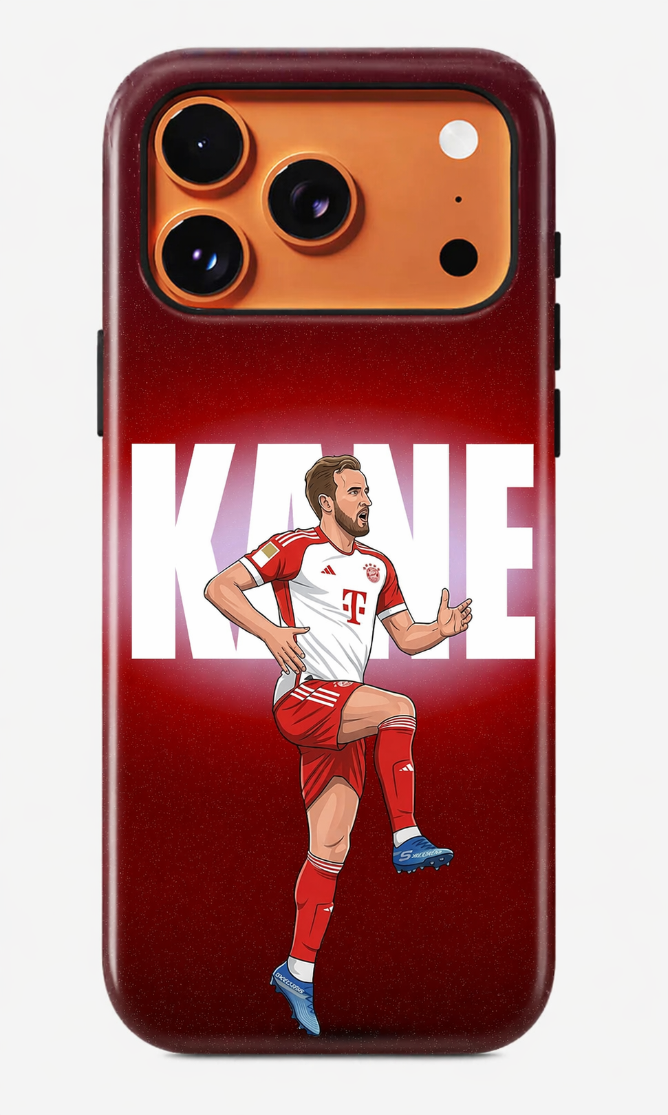 Phone case with a soccer player illustration and 'Kane' text on a red background