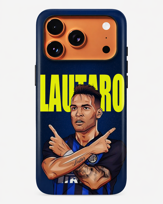 Phone case with a soccer player design and 'Lautaro' text on a blue background