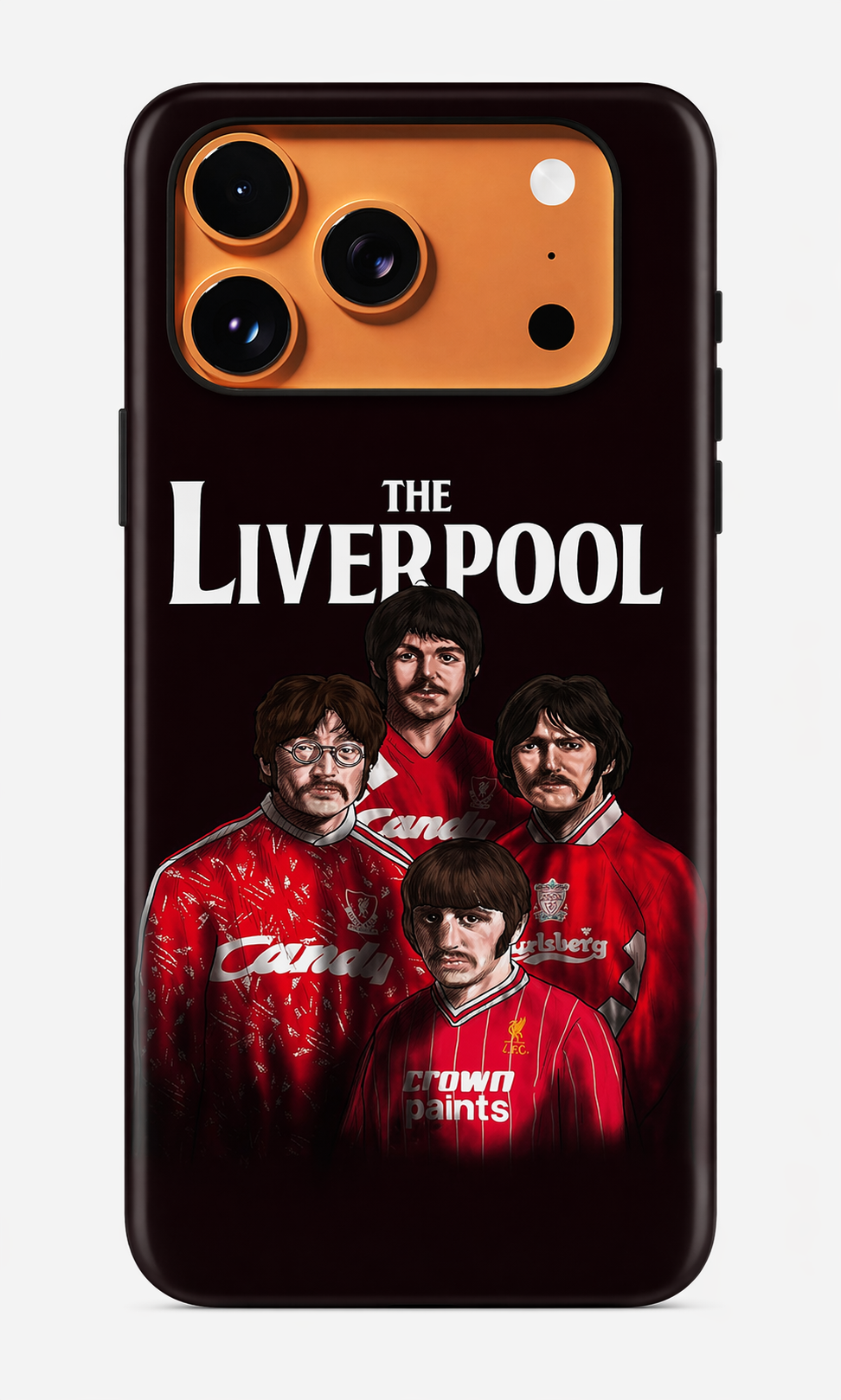 Phone case with Liverpool FC design featuring four players in red jerseys.