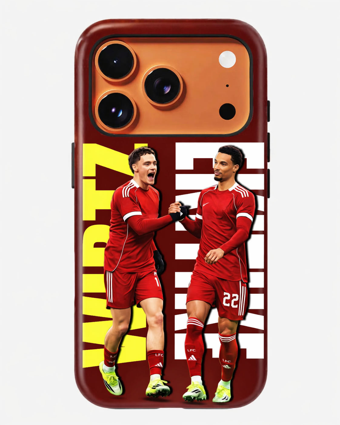 Phone case with two soccer players in red uniforms on a white background