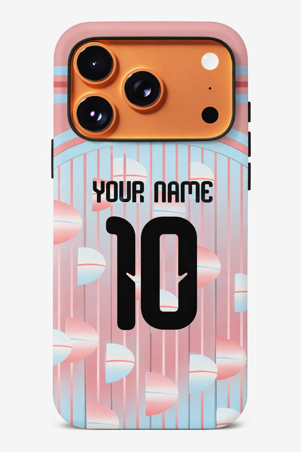Phone case with customizable name and number on a colorful patterned background