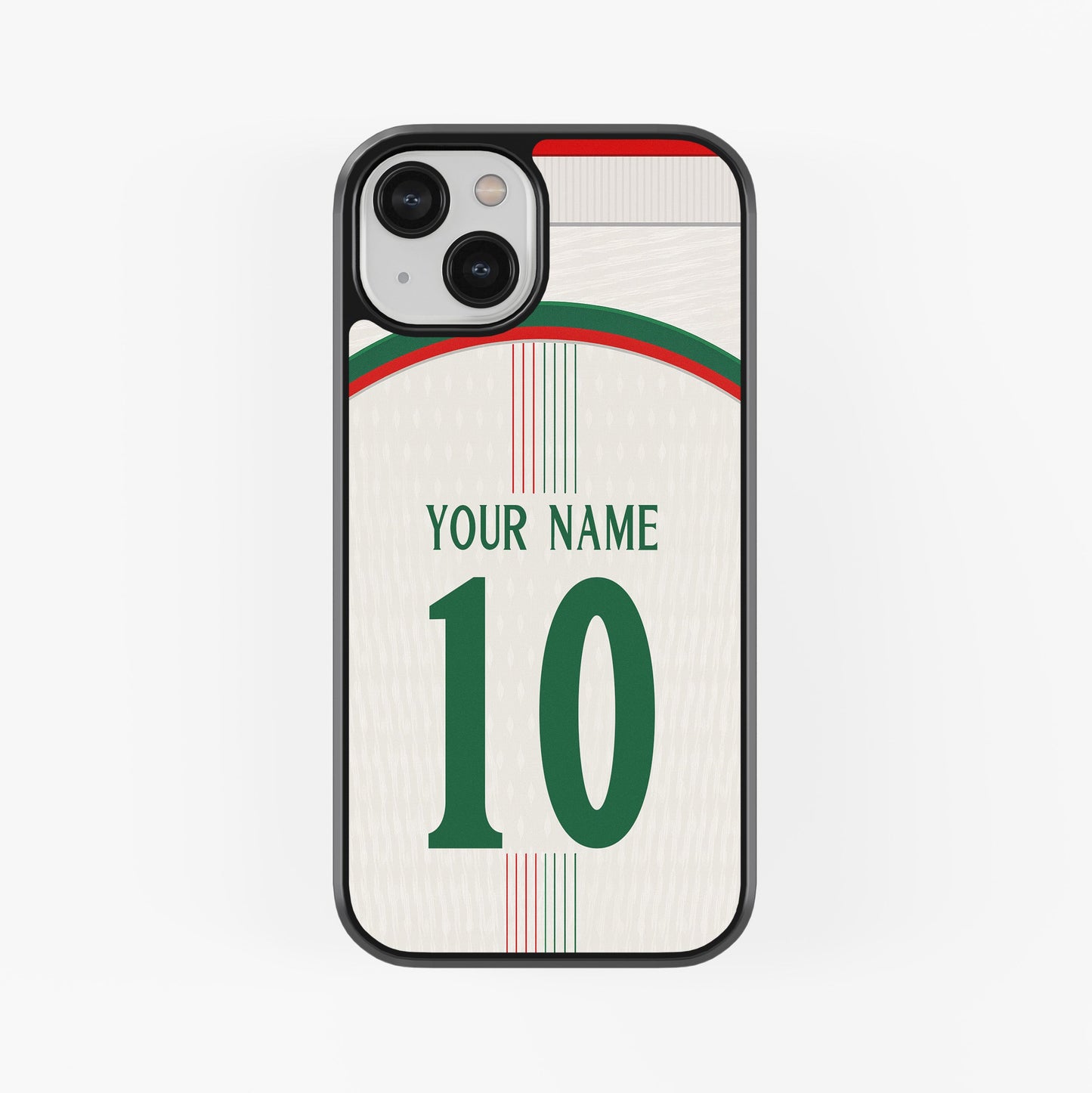 Phone case with a design resembling a sports jersey, featuring the number 10 and space for personalization.