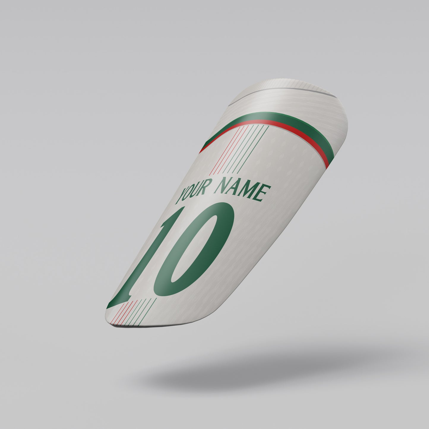 White cylindrical object with green text and numbers on a gray background