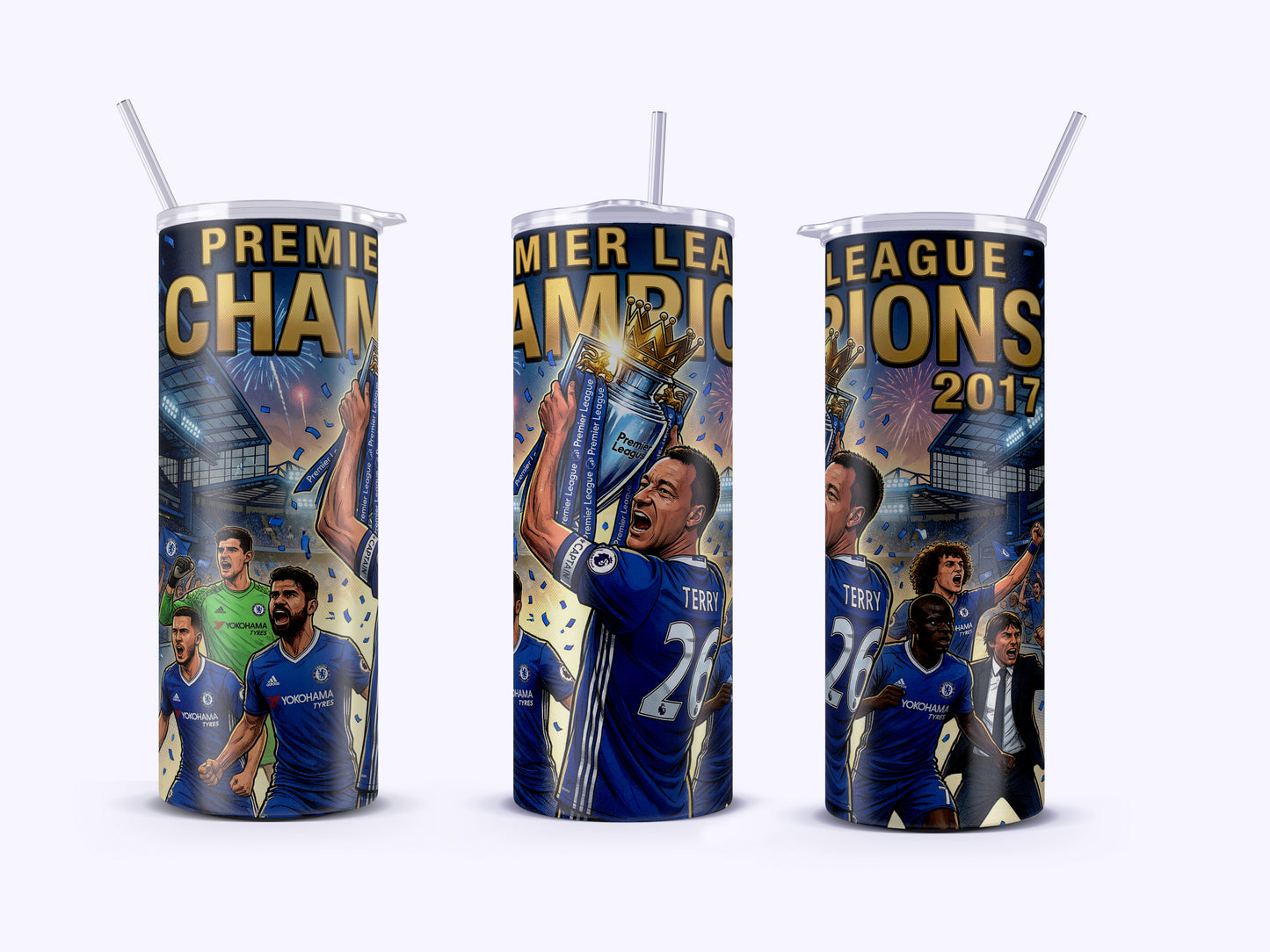 Three tumblers celebrating Premier League Champions 2017 with soccer player images and text.