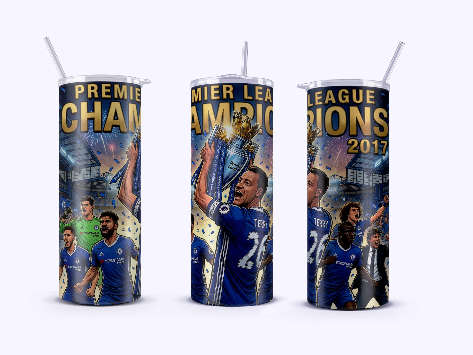 Three tumblers celebrating Premier League Champions 2017 with soccer player images and text.