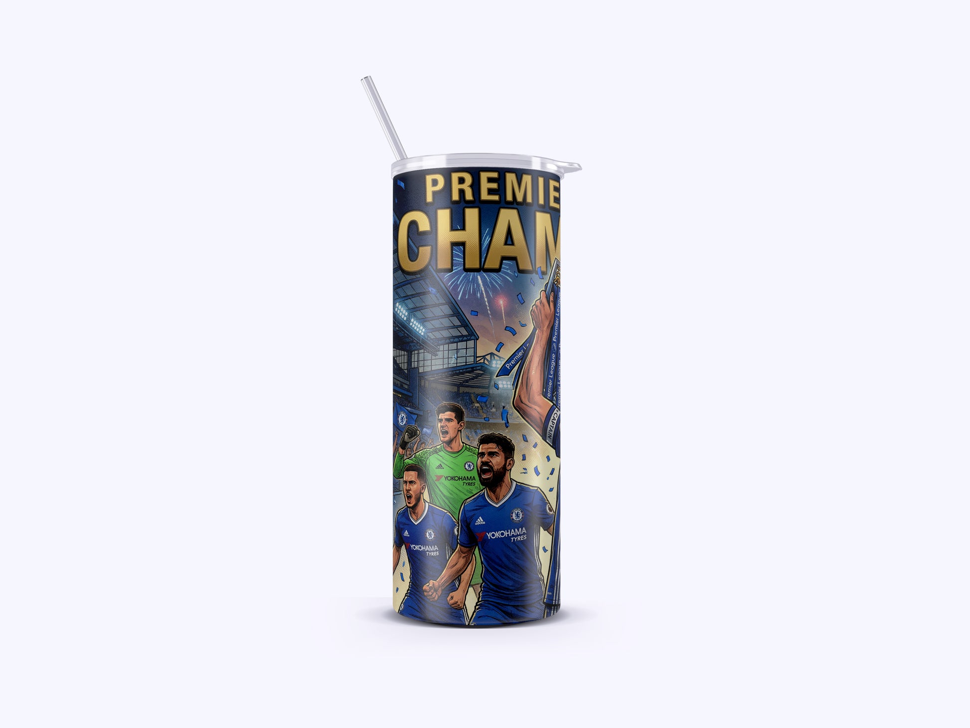 Tumbler with sports team branding and 'Premier League' text on a white background