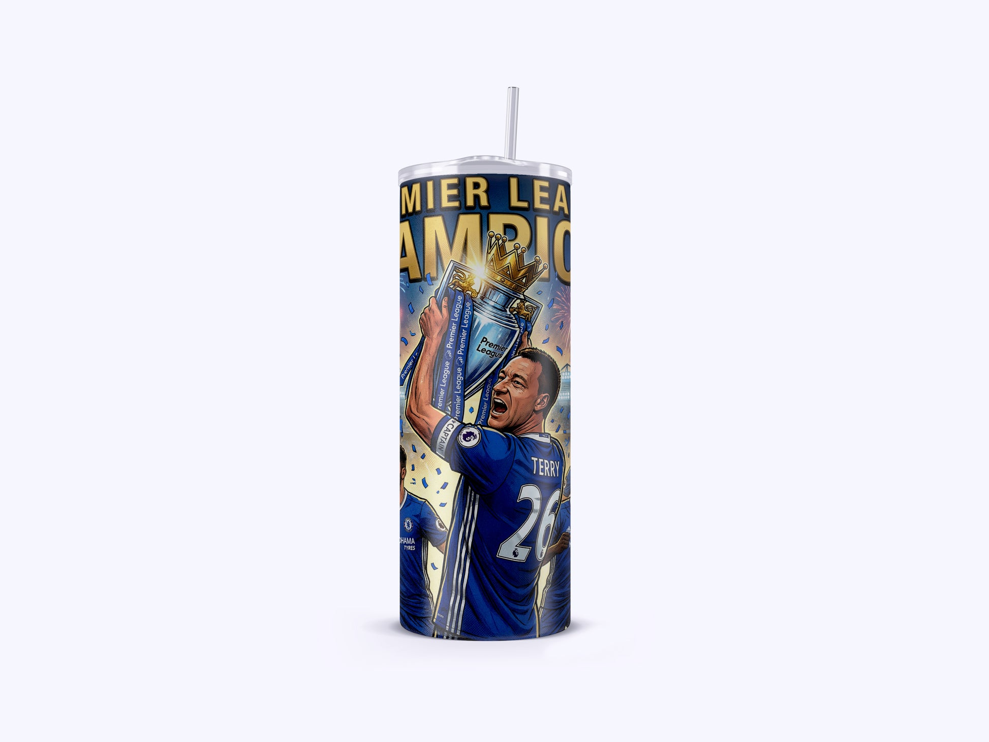 Tumbler with a soccer player holding a trophy and 'Premier League Champion' text on a white background