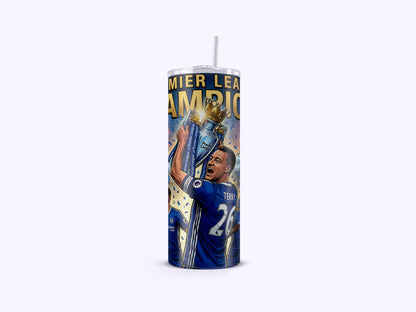 Tumbler with a soccer player holding a trophy and 'Premier League Champion' text on a white background