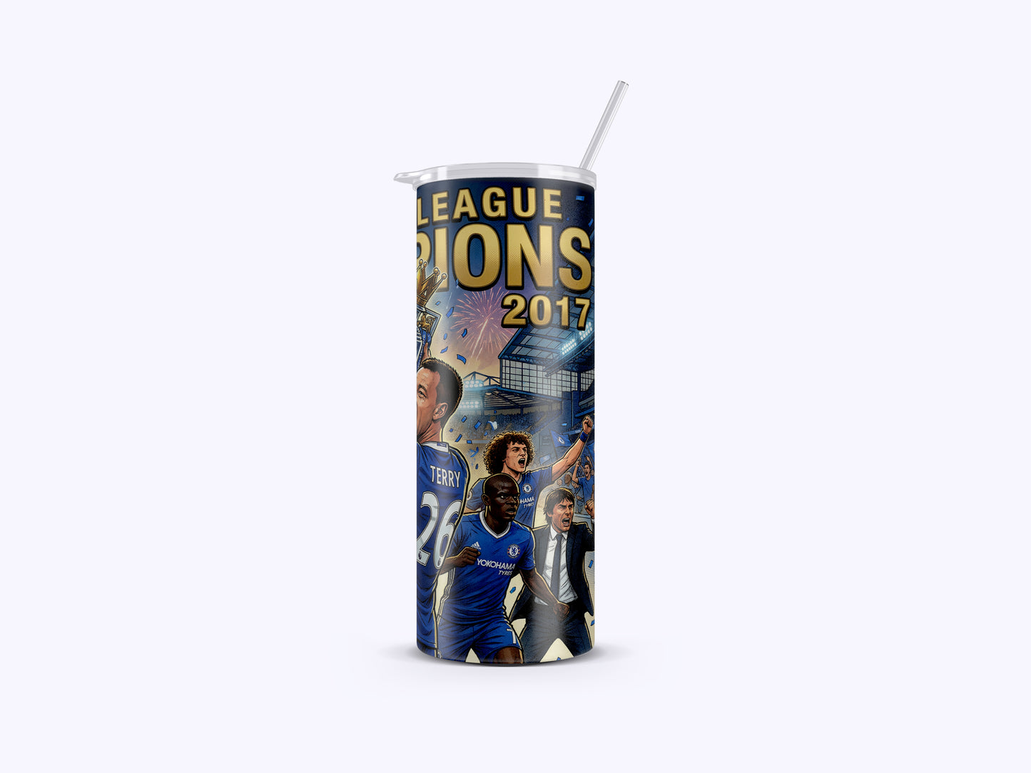 Tumbler with soccer player images and 'League Champions 2017' text on a white background