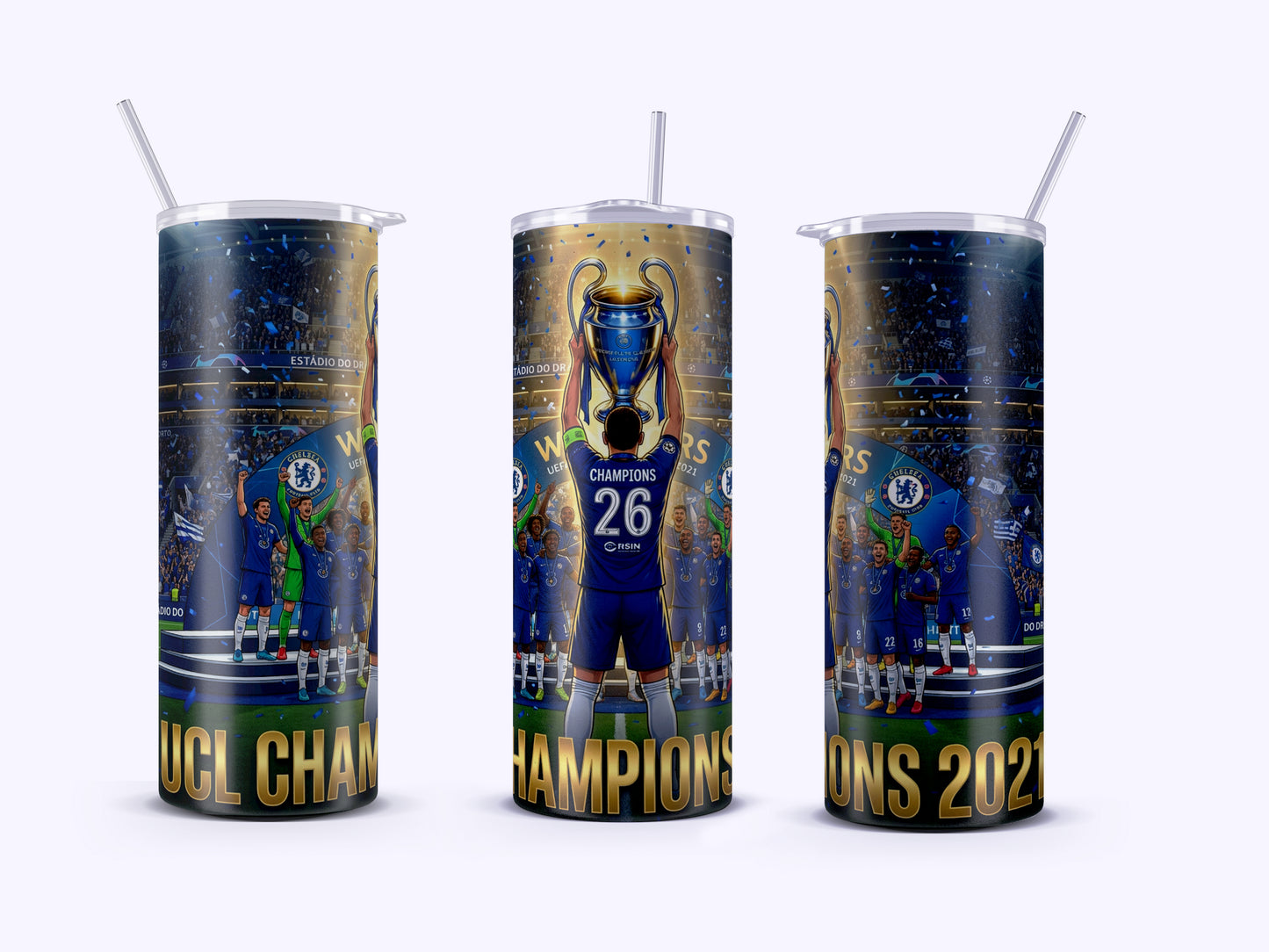 Three tumblers with sports-themed designs and text on a white background