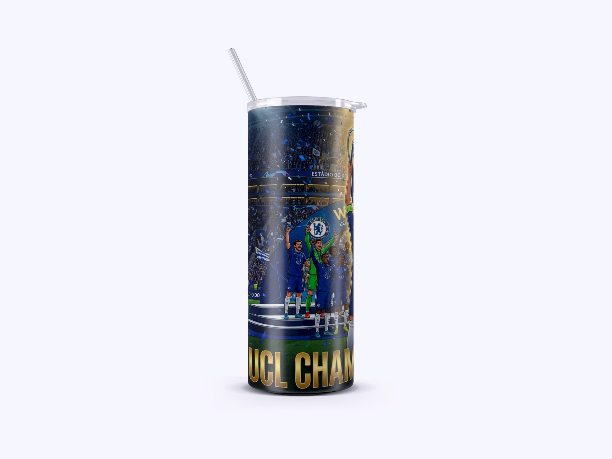 Tumbler with sports-themed design and 'UCL Champions' text on a white background