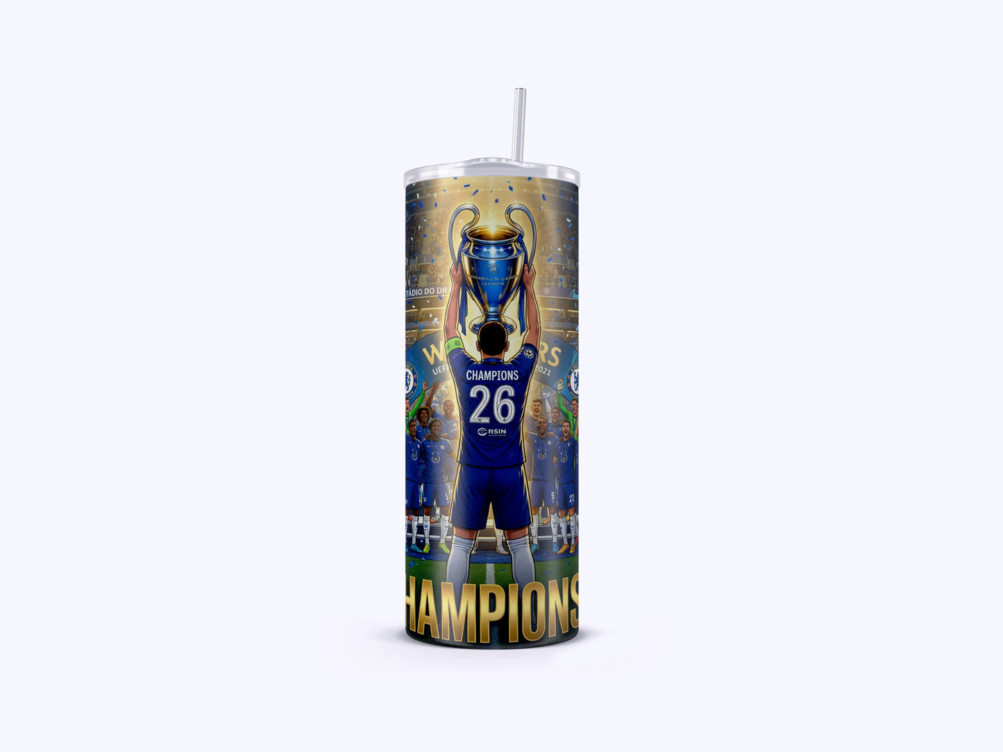 Tumbler with sports-themed design featuring a player and 'Champions' text on a white background