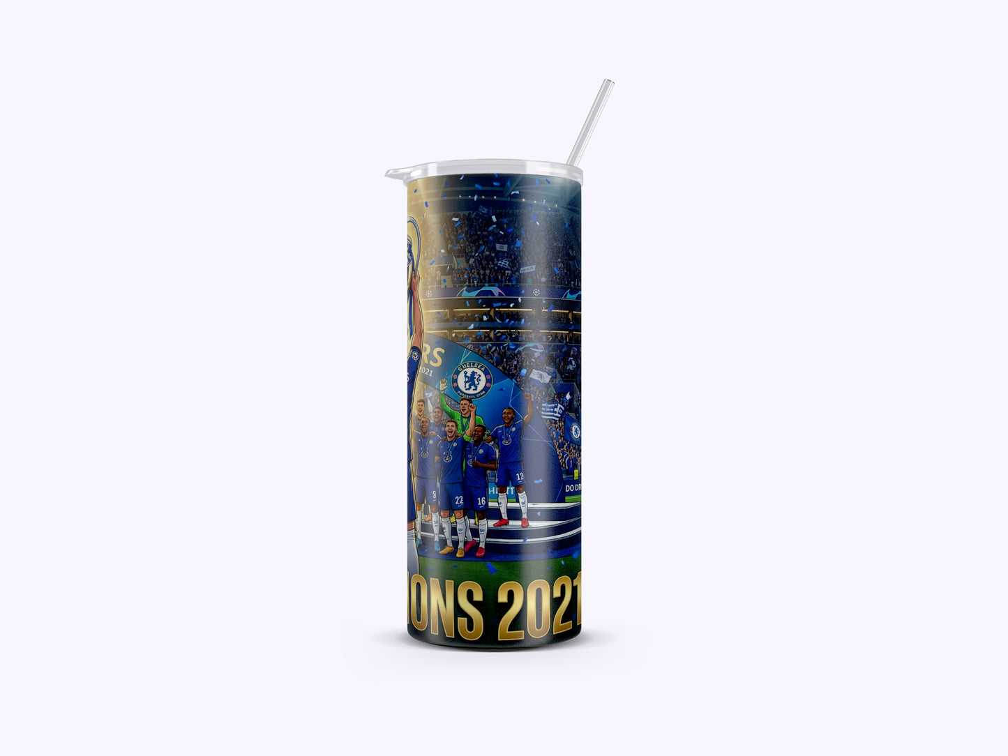 Tumbler with sports-themed design and text on a white background
