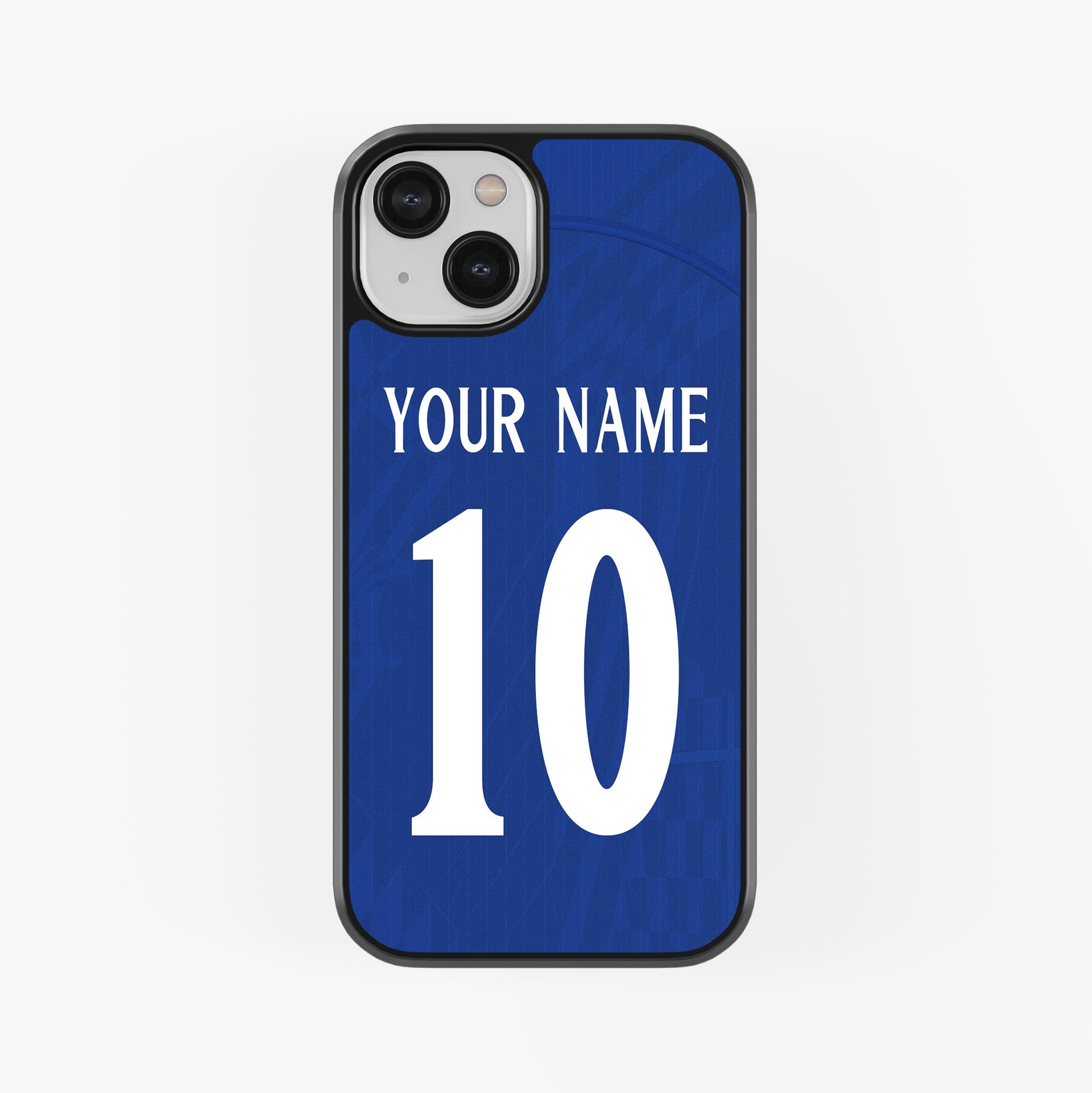 Blue phone case with customizable text on a white background