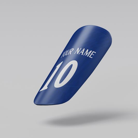 Blue sports equipment with customizable name and number on a gray background