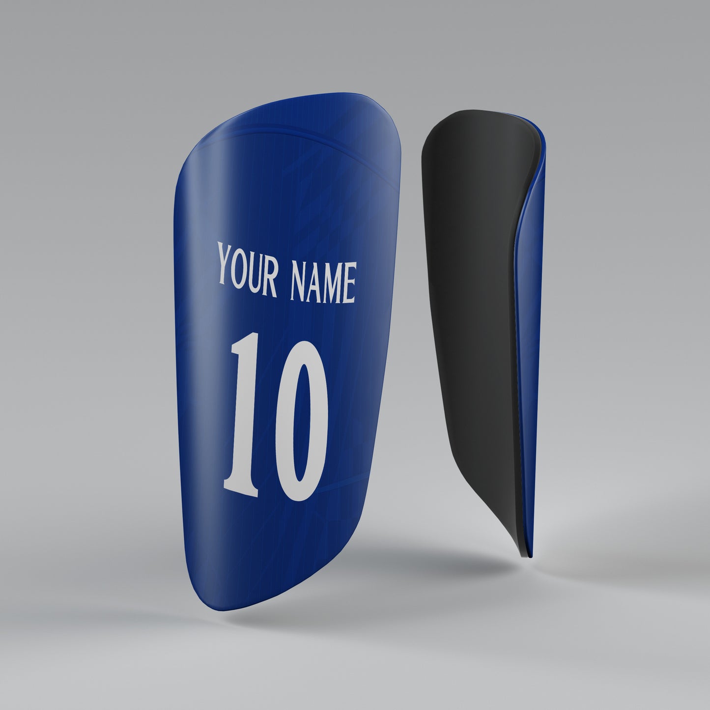 Blue shin guard with customizable text on a gray background