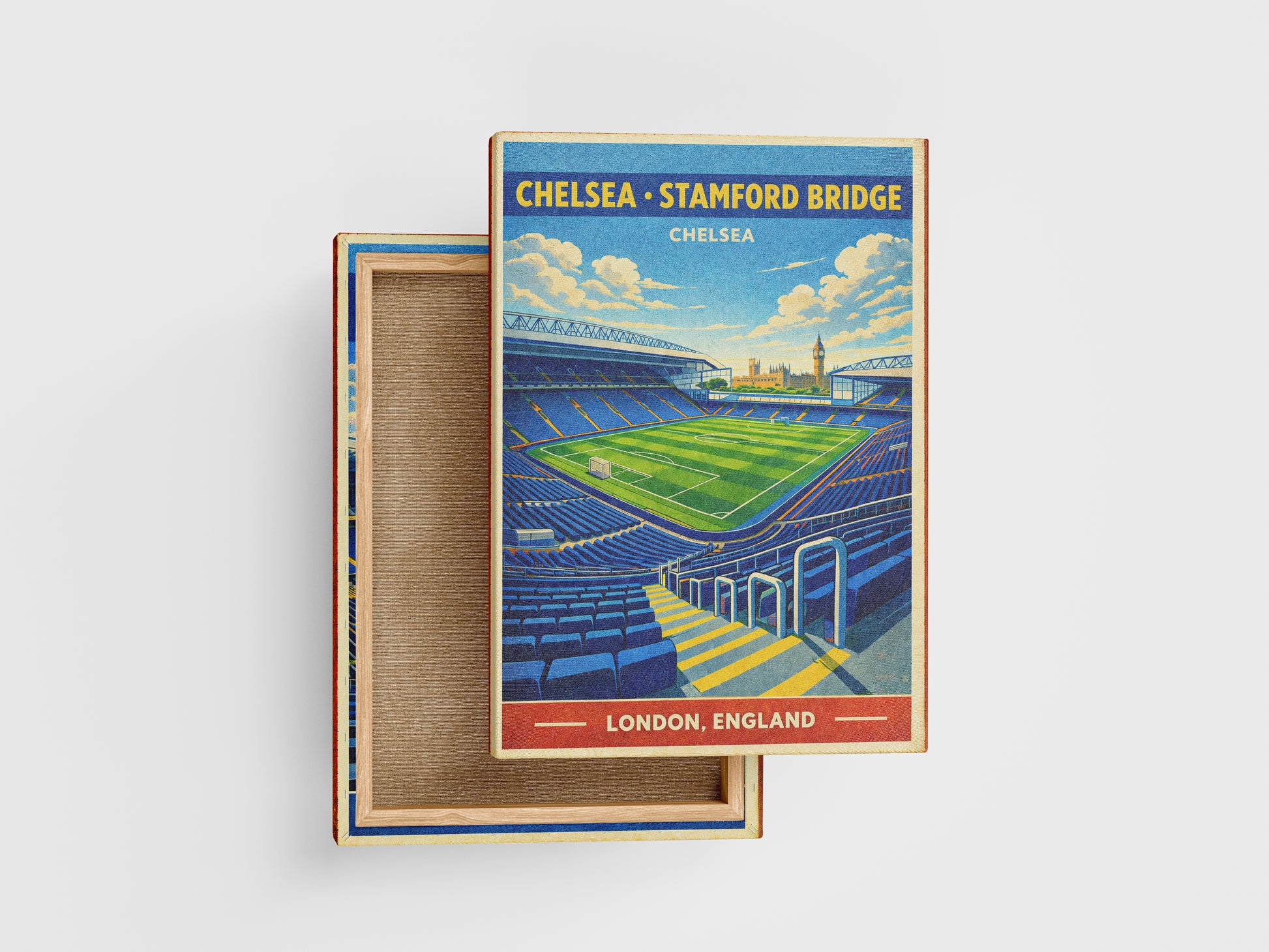 Stadium-themed box with a colorful illustration of Stamford Bridge stadium on a white background