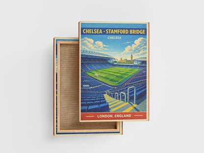 Stadium-themed box with a colorful illustration of Stamford Bridge stadium on a white background