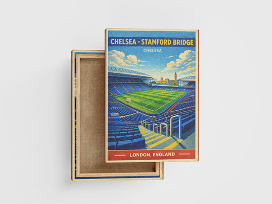 Stadium-themed box with a colorful illustration of Stamford Bridge stadium on a white background