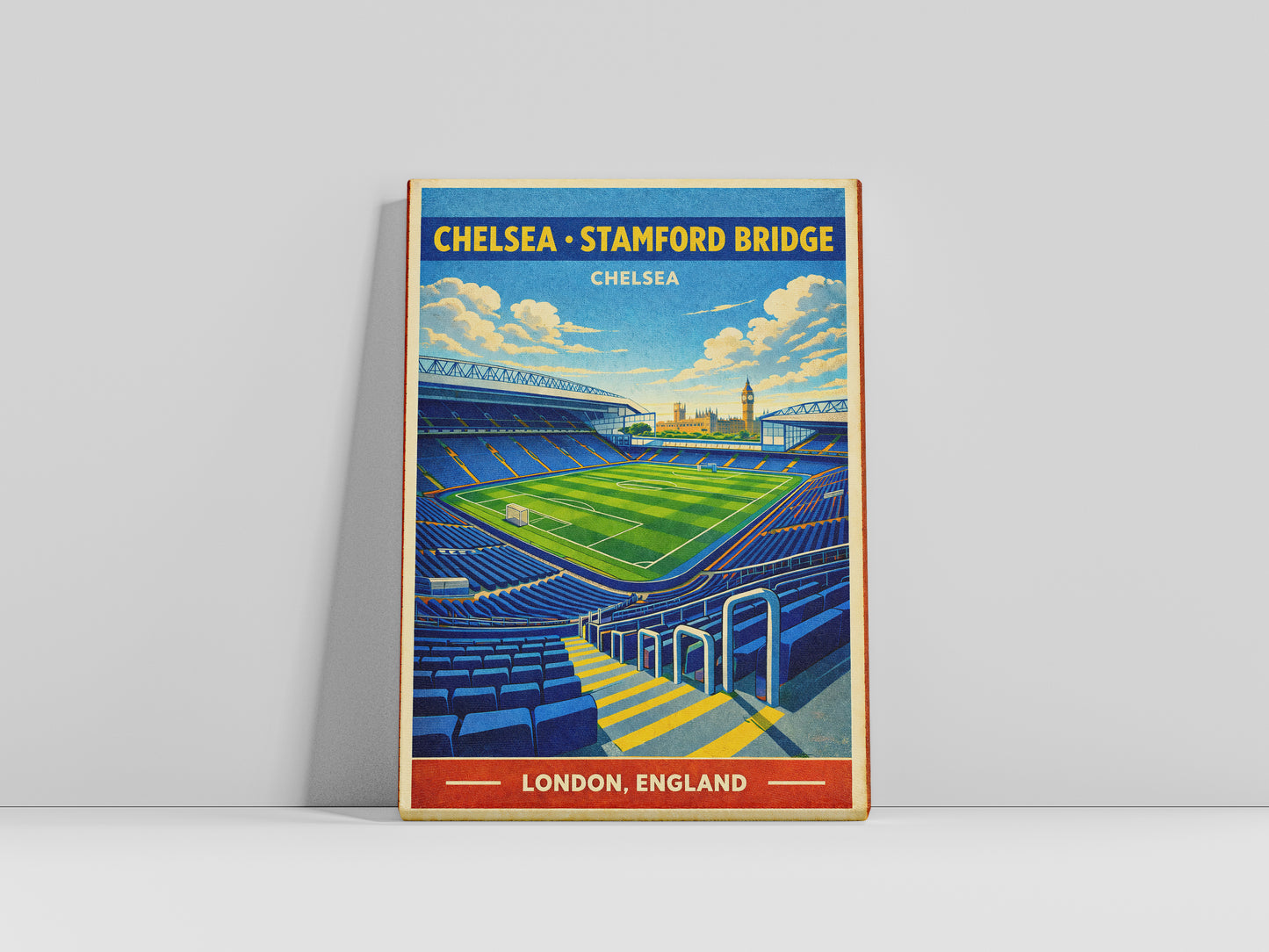 Framed artwork of Stamford Bridge stadium in Chelsea, London on a gray background