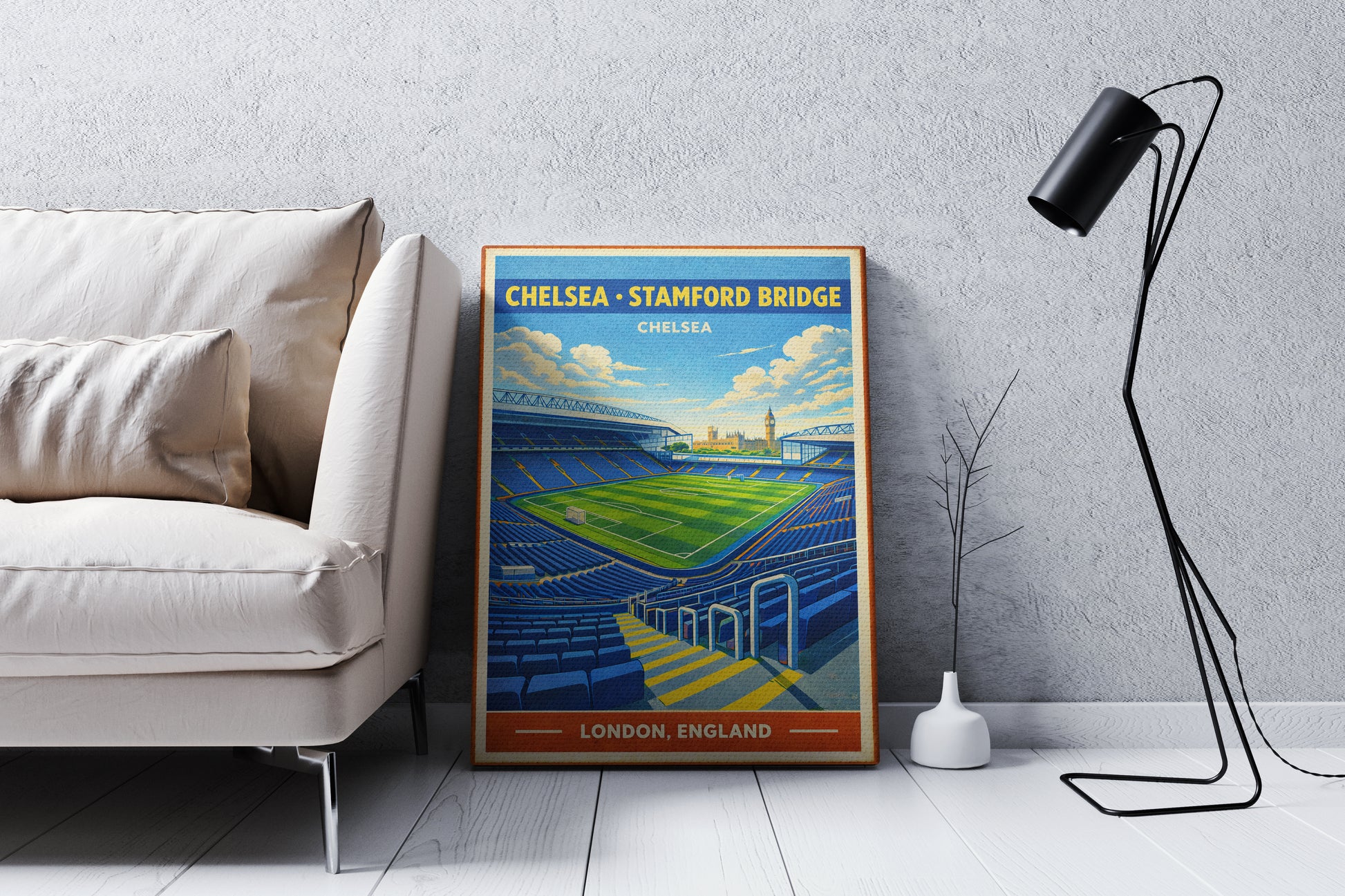 Framed poster of Stamford Bridge stadium in a living room setting