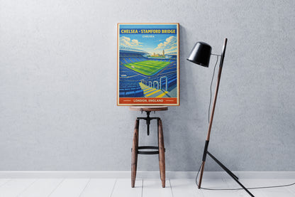 Vintage-style poster of Chelsea vs. Stamford Bridge on a stool against a gray wall.