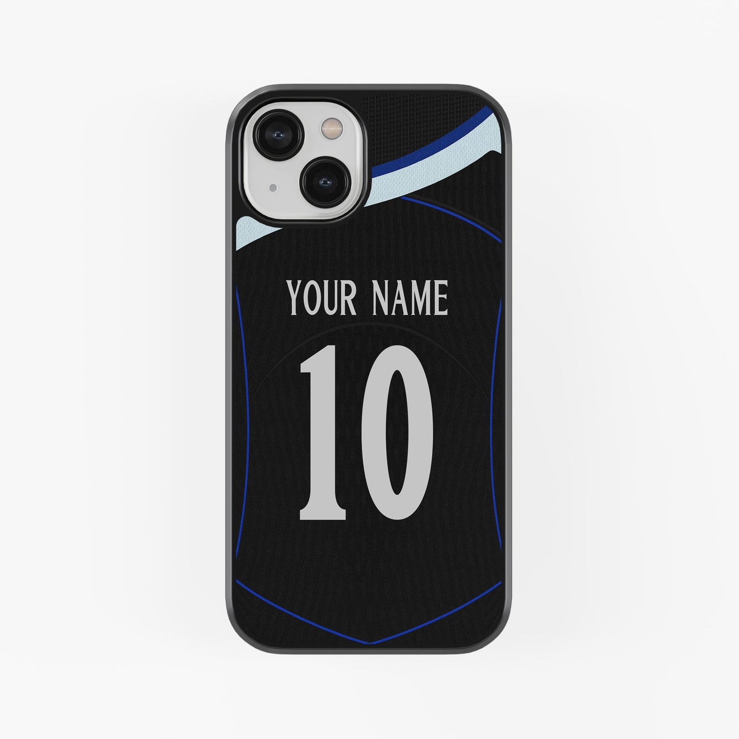 Phone case with customizable name and number on a black background