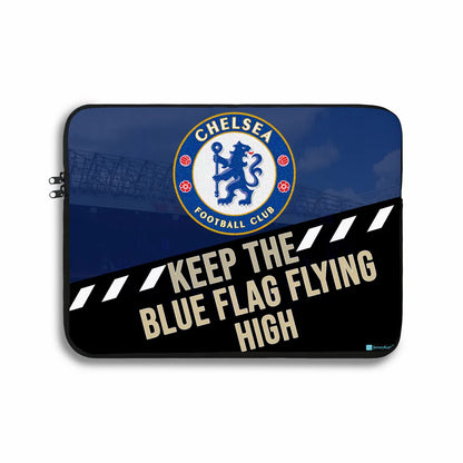 Laptop sleeve with Chelsea Football Club logo and text on a blue background