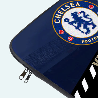 Laptop sleeve with Chelsea Football Club logo on a light gray background