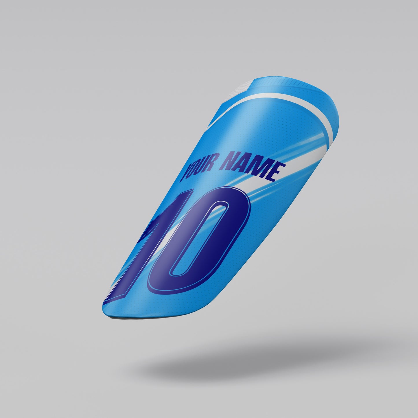 Blue shin guard with customizable text on a gray background