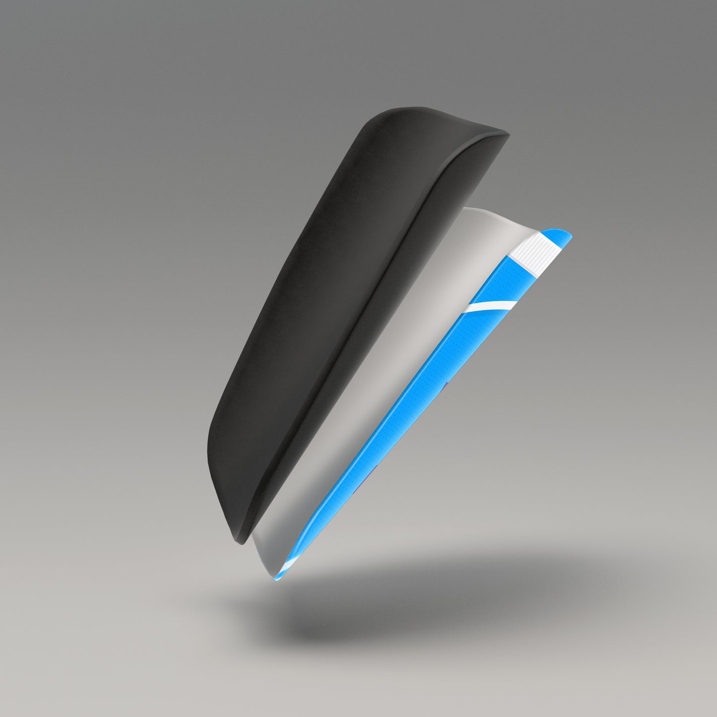 Car spoiler with black, gray, and blue color scheme on a gradient background