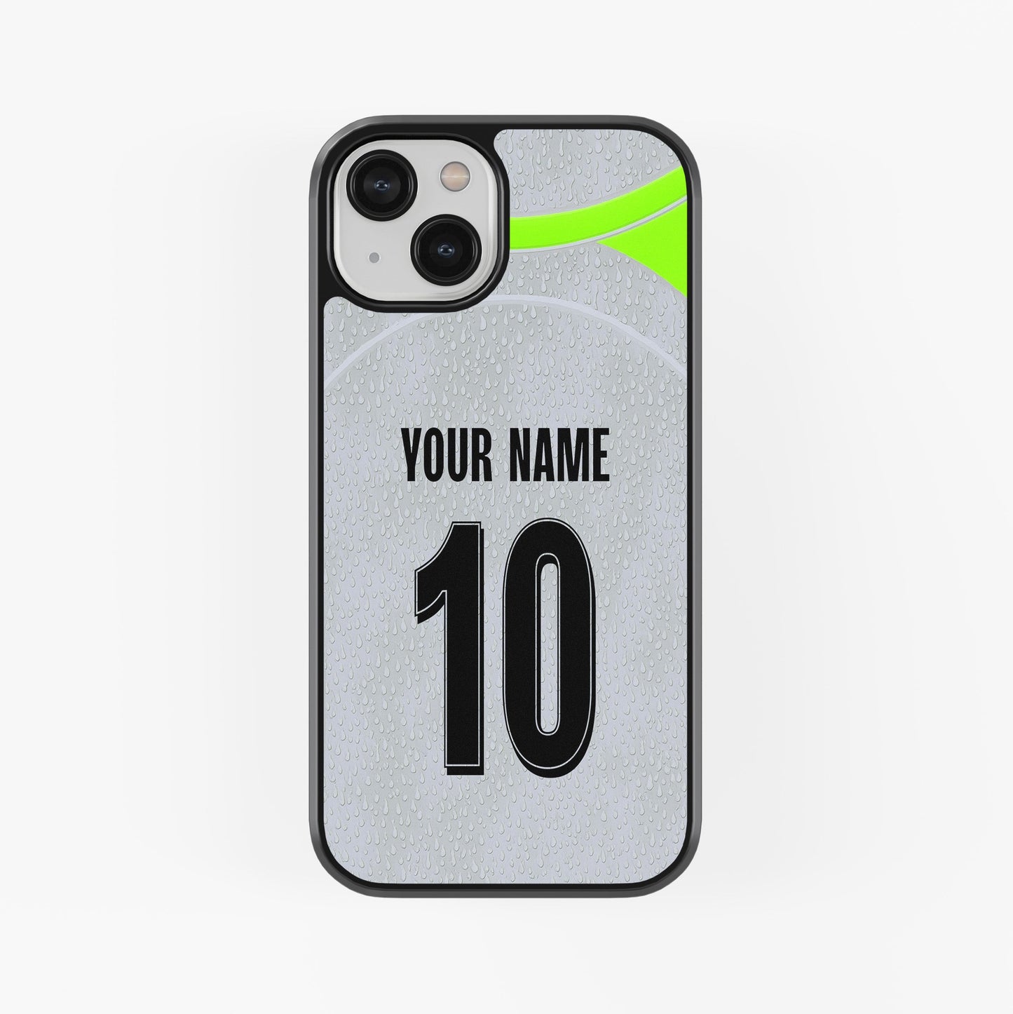 Phone case with customizable text on a light gray background