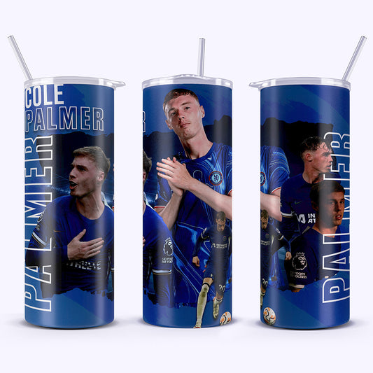 Three blue tumblers with soccer player images and text on a white background