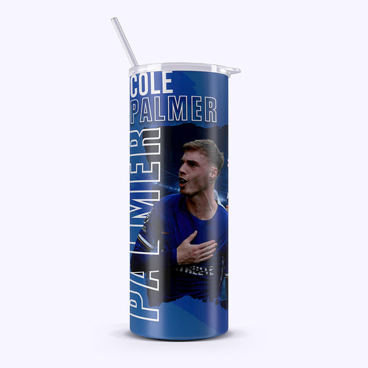 Tumbler with a sports player design and text on a white background