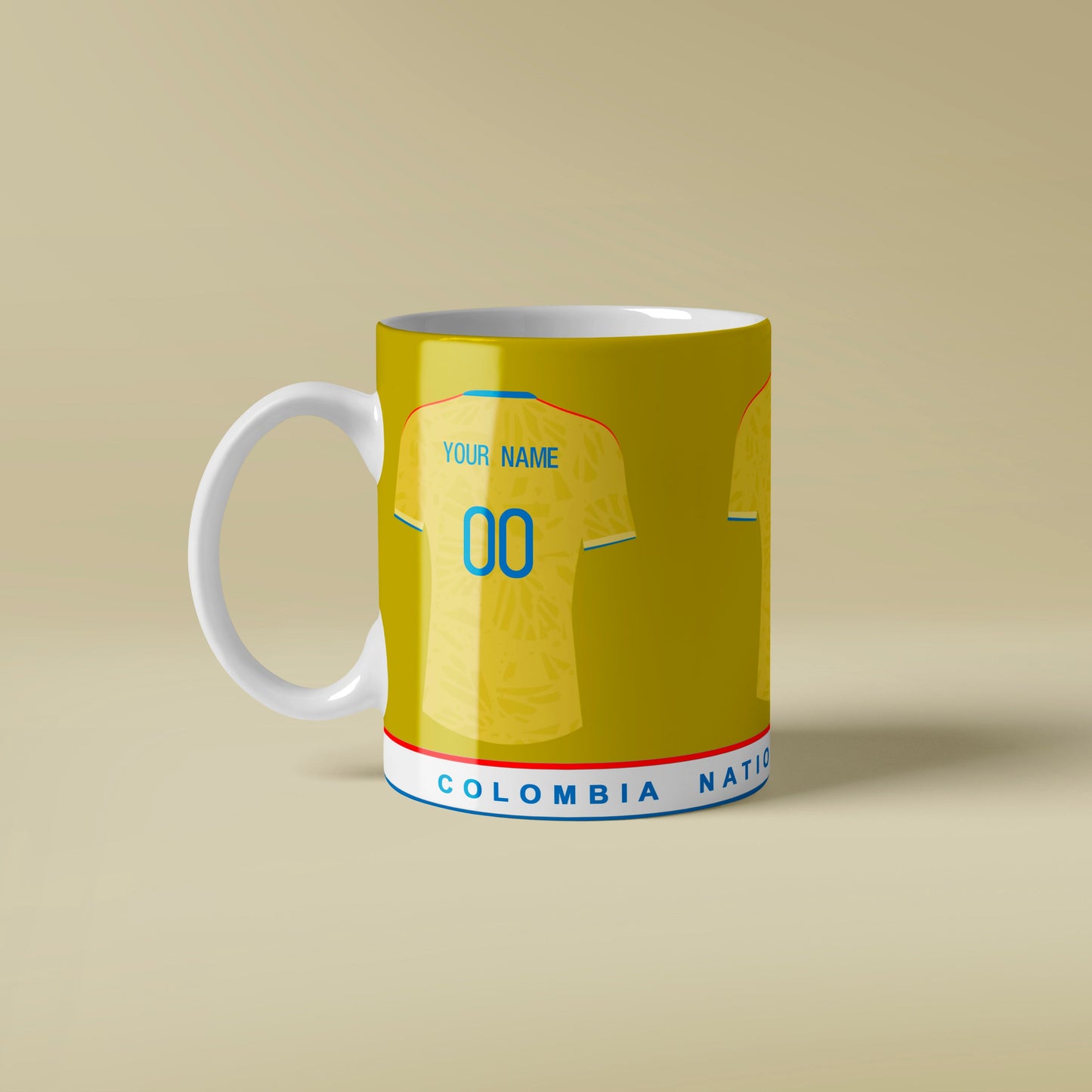 Mug with Colombia soccer jersey design on a beige background