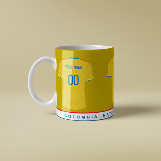 Mug with Colombia soccer jersey design on a beige background