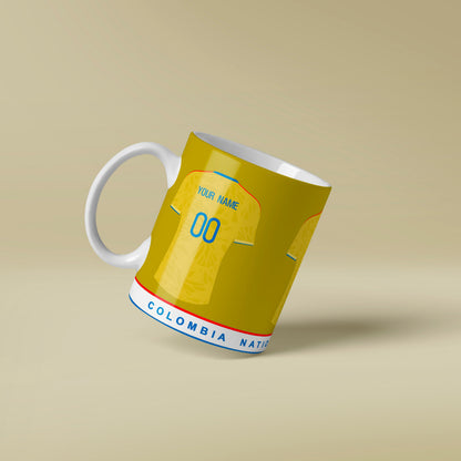 Yellow mug designed like a sports jersey on a beige background