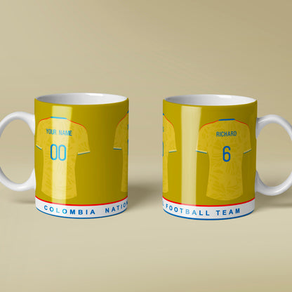 Two yellow mugs designed like football jerseys on a beige background