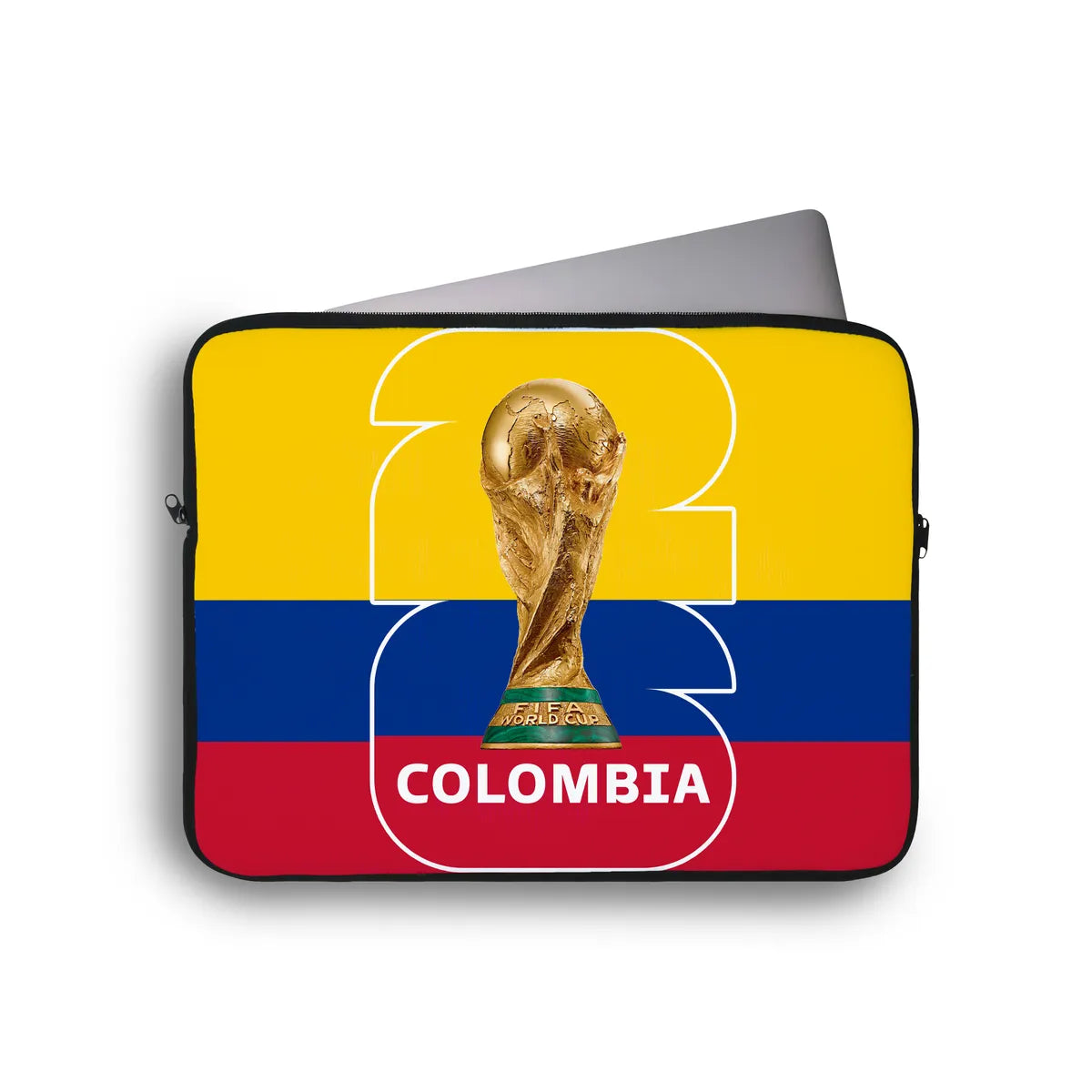 Laptop sleeve with Colombian flag design and World Cup trophy